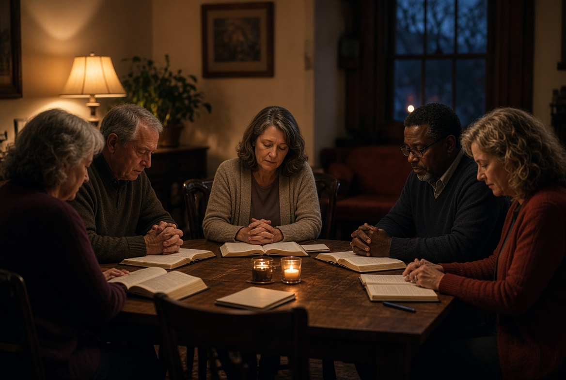 A Life Group gathered around a table with open Bibles and candlelight