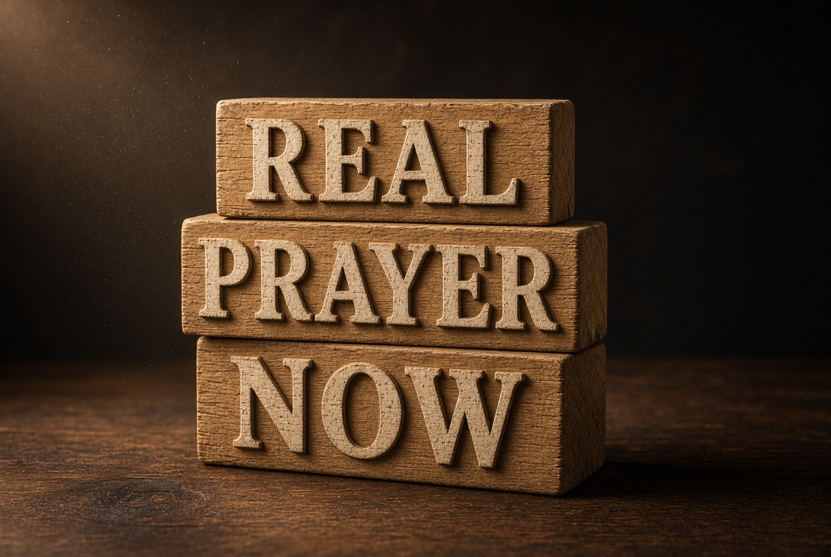 Stacked wooden blocks reading Real Prayer Now